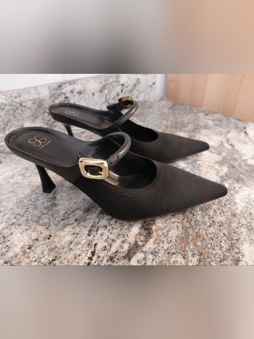 Cosy Island Black Pointed-Toe Slingback Heels with Gold Buckle 8.5W